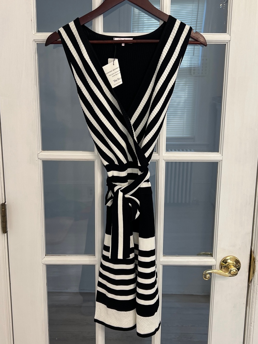 PARKER Women’s Sleeveless Stripe Wrap Sweater Dress Black White Size M